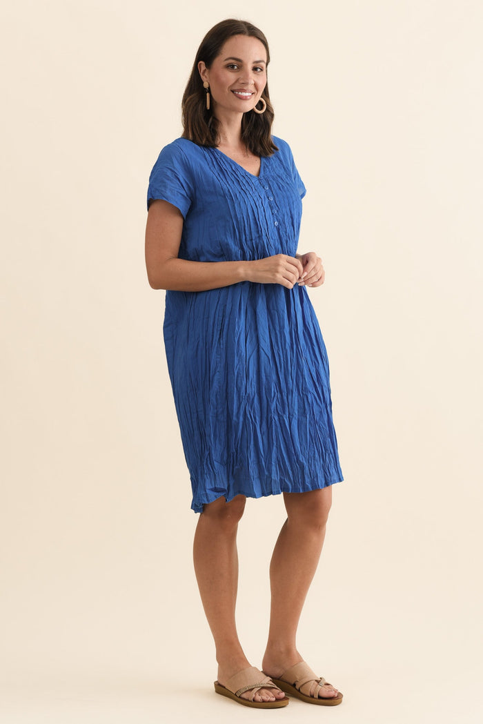 Sabina Blue Crinkle Cotton Dress,Brunette model,alt text|model:MJ