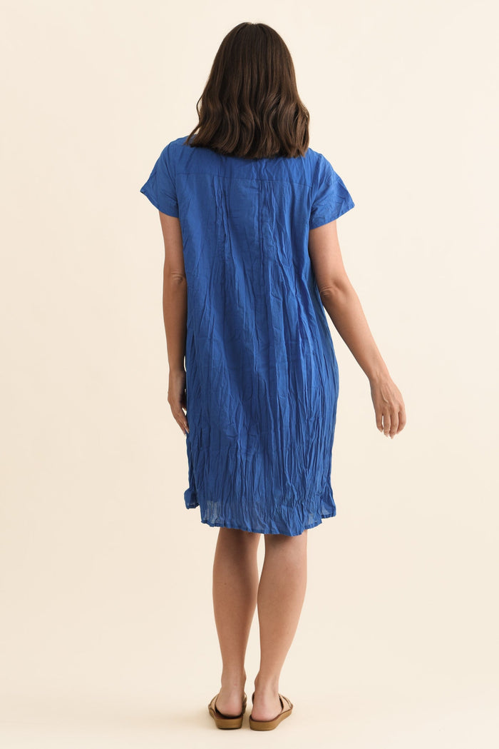 Sabina Blue Crinkle Cotton Dress,Brunette model,alt text|model:MJ