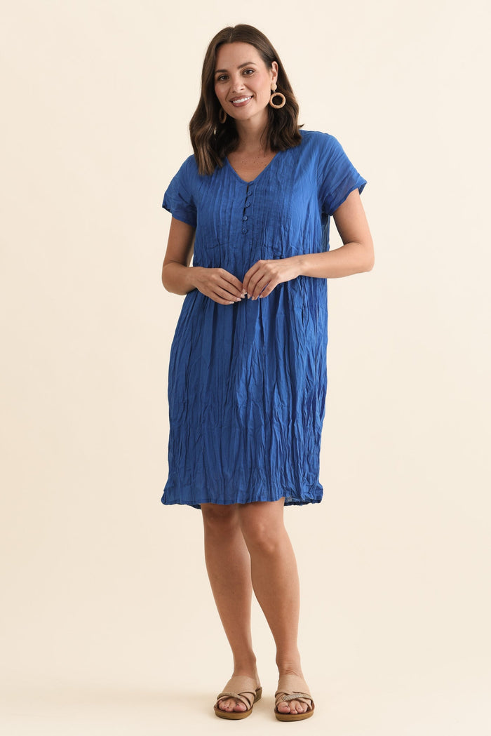 Sabina Blue Crinkle Cotton Dress,Brunette model,alt text|model:MJ