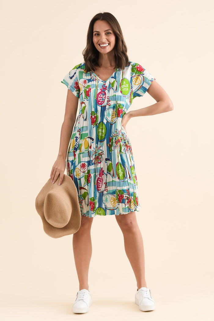 Sabina Blue Tropicana Crinkle Cotton Dress,Front,Brunette model,alt text|model:MJ
