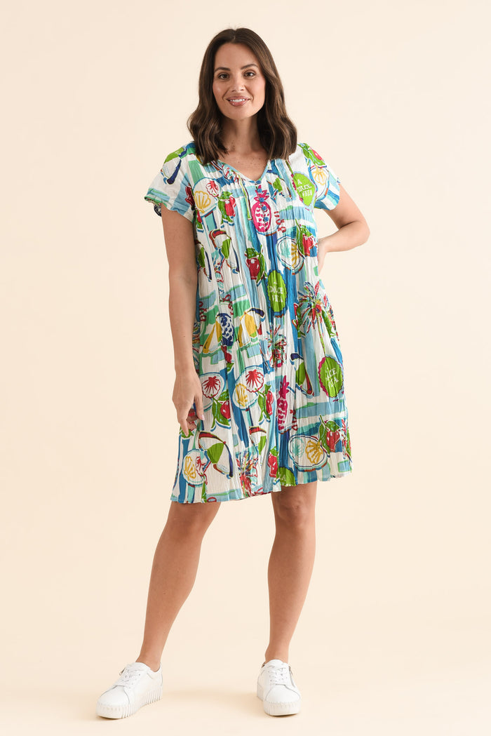 Sabina Blue Tropicana Crinkle Cotton Dress,Full Body,Brunette model,alt text|model:MJ