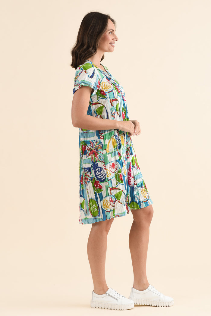 Sabina Blue Tropicana Crinkle Cotton Dress,Side,Brunette model,alt text|model:MJ