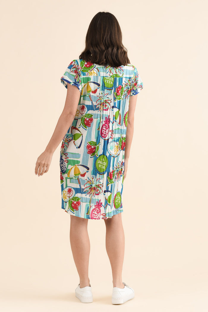 Sabina Blue Tropicana Crinkle Cotton Dress,Back,Brunette model,alt text|model:MJ