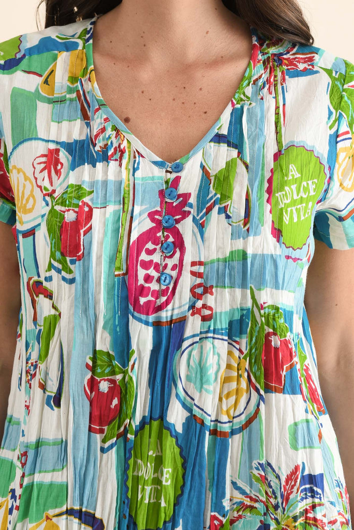 Sabina Blue Tropicana Crinkle Cotton Dress,Detail,Brunette model,alt text|model:MJ