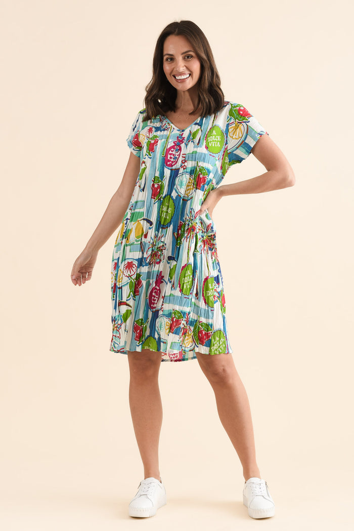 Sabina Blue Tropicana Crinkle Cotton Dress,Full Body,Brunette model,alt text|model:MJ
