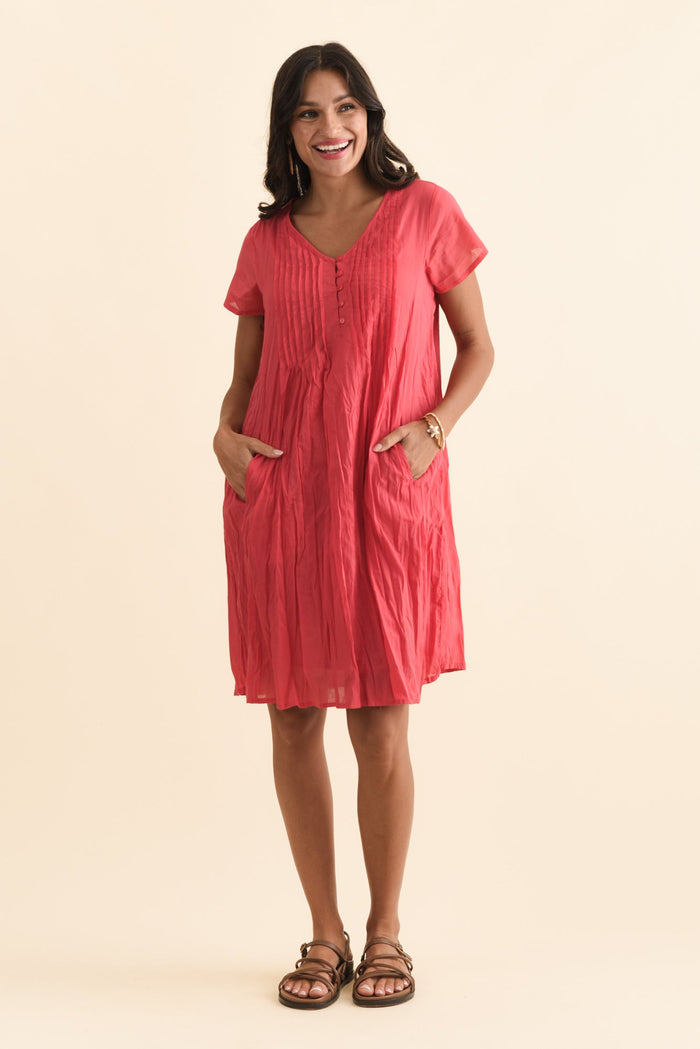 Sabina Cherry Crinkle Cotton Dress,Brunette model,alt text|model:Brontie