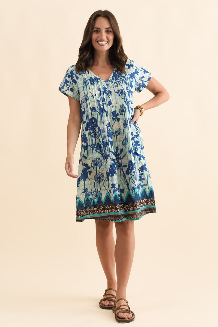 Sabina Cobalt Dandelion Crinkle Cotton Dress,Brunette model,alt text|model:MJ