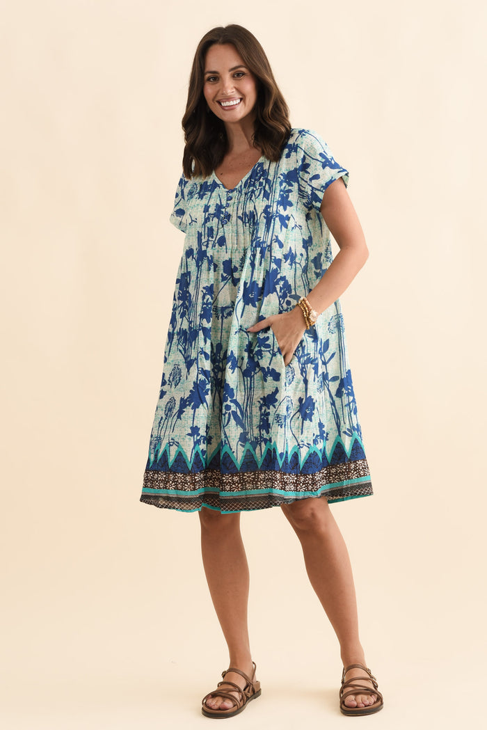 Sabina Cobalt Dandelion Crinkle Cotton Dress,Brunette model,alt text|model:MJ