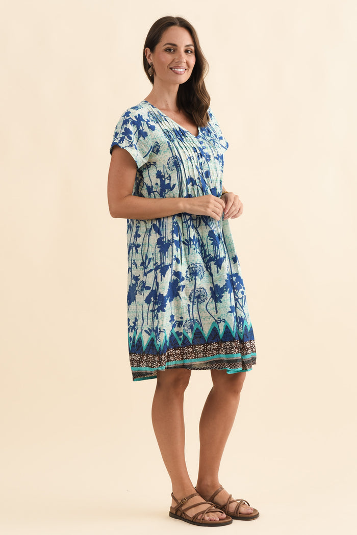 Sabina Cobalt Dandelion Crinkle Cotton Dress,Brunette model,alt text|model:MJ
