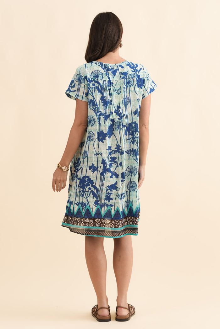 Sabina Cobalt Dandelion Crinkle Cotton Dress,Brunette model,alt text|model:MJ