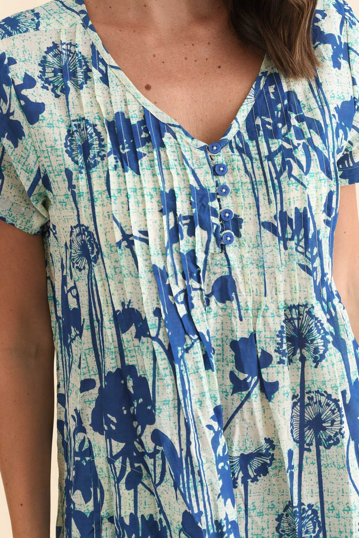 Sabina Cobalt Dandelion Crinkle Cotton Dress,Brunette model,alt text|model:MJ