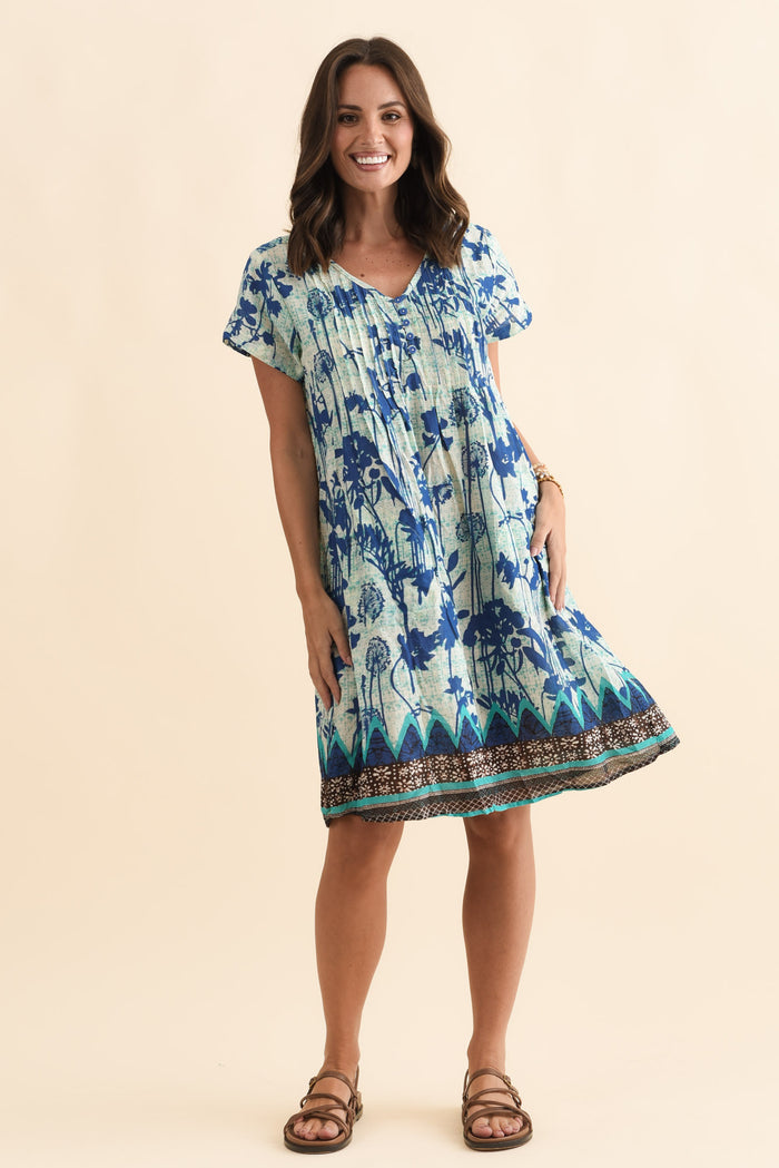 Sabina Cobalt Dandelion Crinkle Cotton Dress,Brunette model,alt text|model:MJ