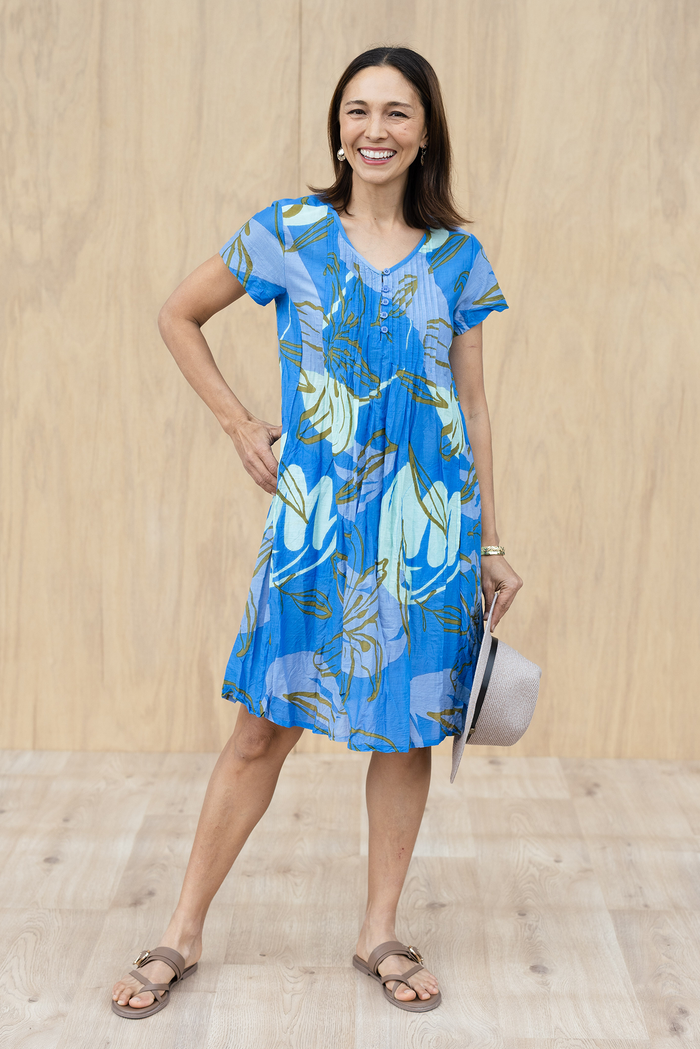 Sabina Cobalt Lily Crinkle Cotton Dress,Brunette model,Lifestyle