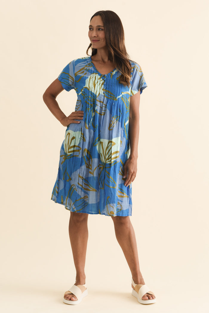Sabina Cobalt Lily Crinkle Cotton Dress,Brunette model,alt text|model:Cara