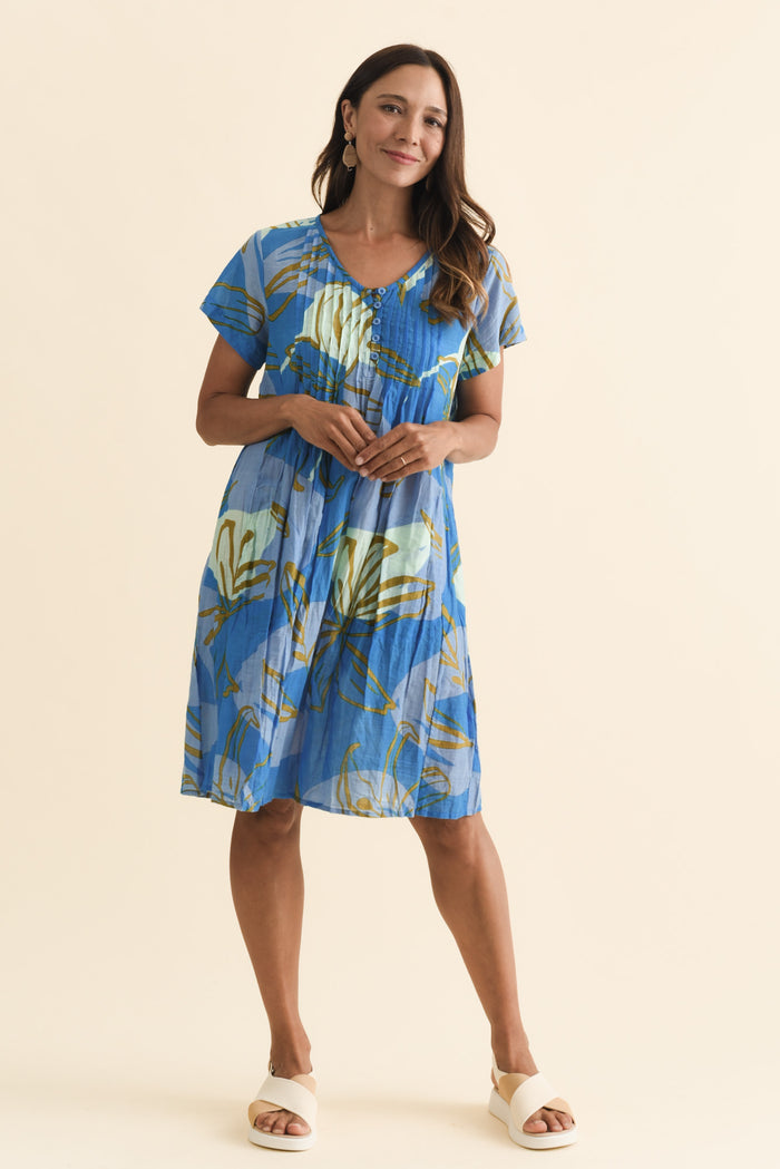 Sabina Cobalt Lily Crinkle Cotton Dress,Brunette model,alt text|model:Cara