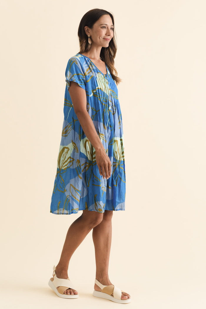 Sabina Cobalt Lily Crinkle Cotton Dress,Brunette model,alt text|model:Cara