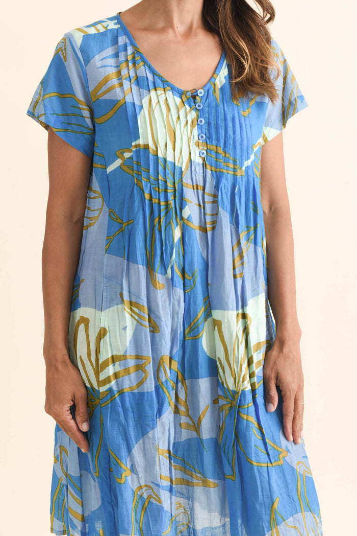 Sabina Cobalt Lily Crinkle Cotton Dress,Brunette model,alt text|model:Cara