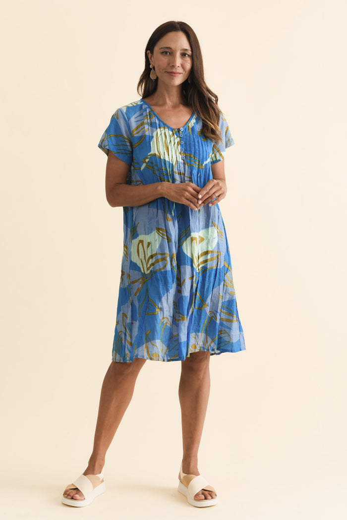 Sabina Cobalt Lily Crinkle Cotton Dress,Brunette model,alt text|model:Cara