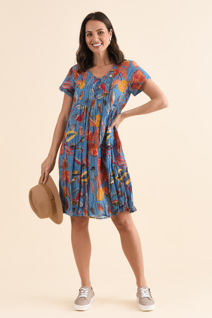 Sabina Orange Leaf Crinkle Cotton Dress,Front,Brunette model,alt text|model:MJ