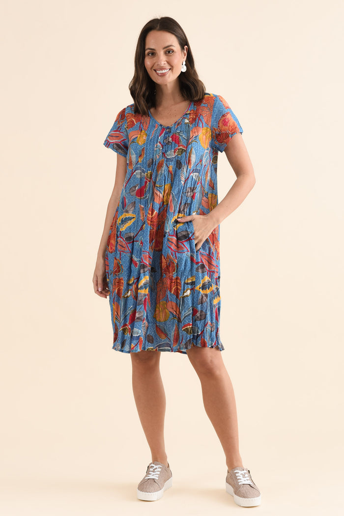 Sabina Orange Leaf Crinkle Cotton Dress,Full Body,Brunette model,alt text|model:MJ