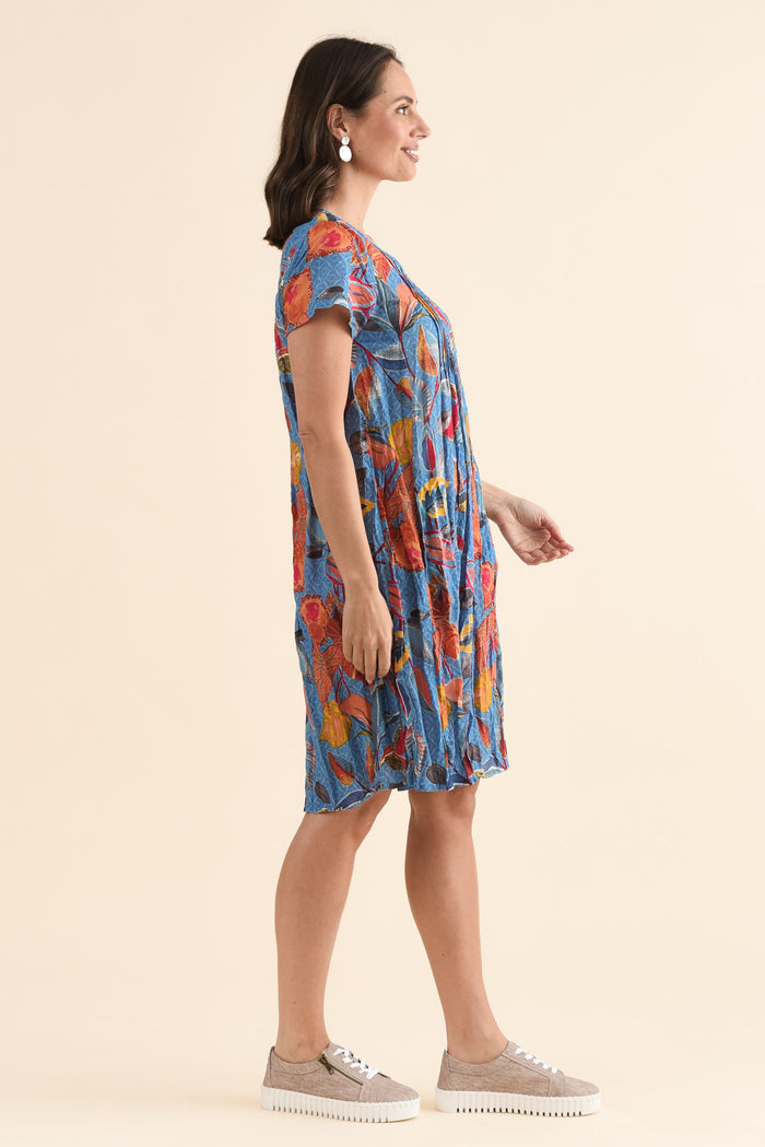 Sabina Orange Leaf Crinkle Cotton Dress,Side,Brunette model,alt text|model:MJ