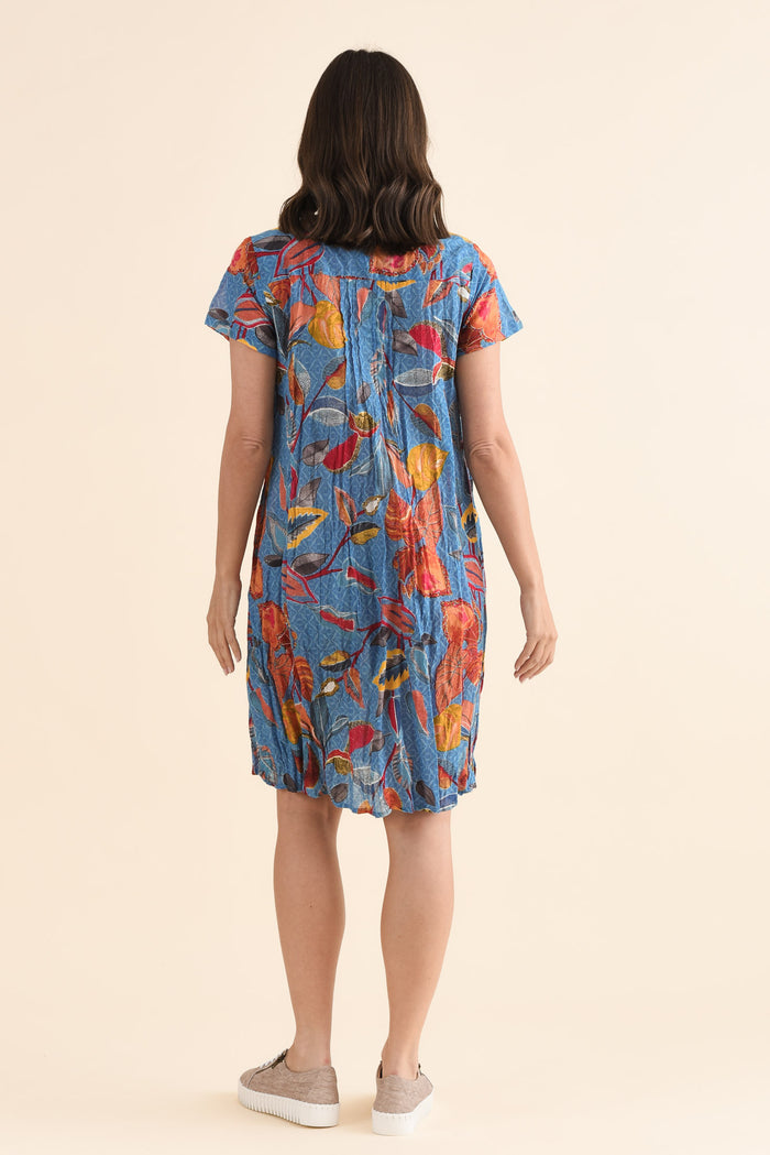 Sabina Orange Leaf Crinkle Cotton Dress,Back,Brunette model,alt text|model:MJ