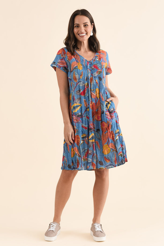 Sabina Orange Leaf Crinkle Cotton Dress,Full Body,Brunette model,alt text|model:MJ
