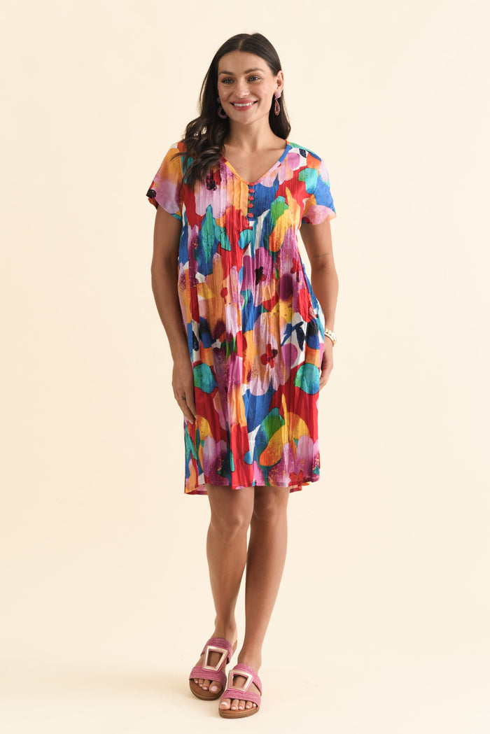 Sabina Pink Bloom Crinkle Cotton Dress,Brunette model,alt text|model:Brontie