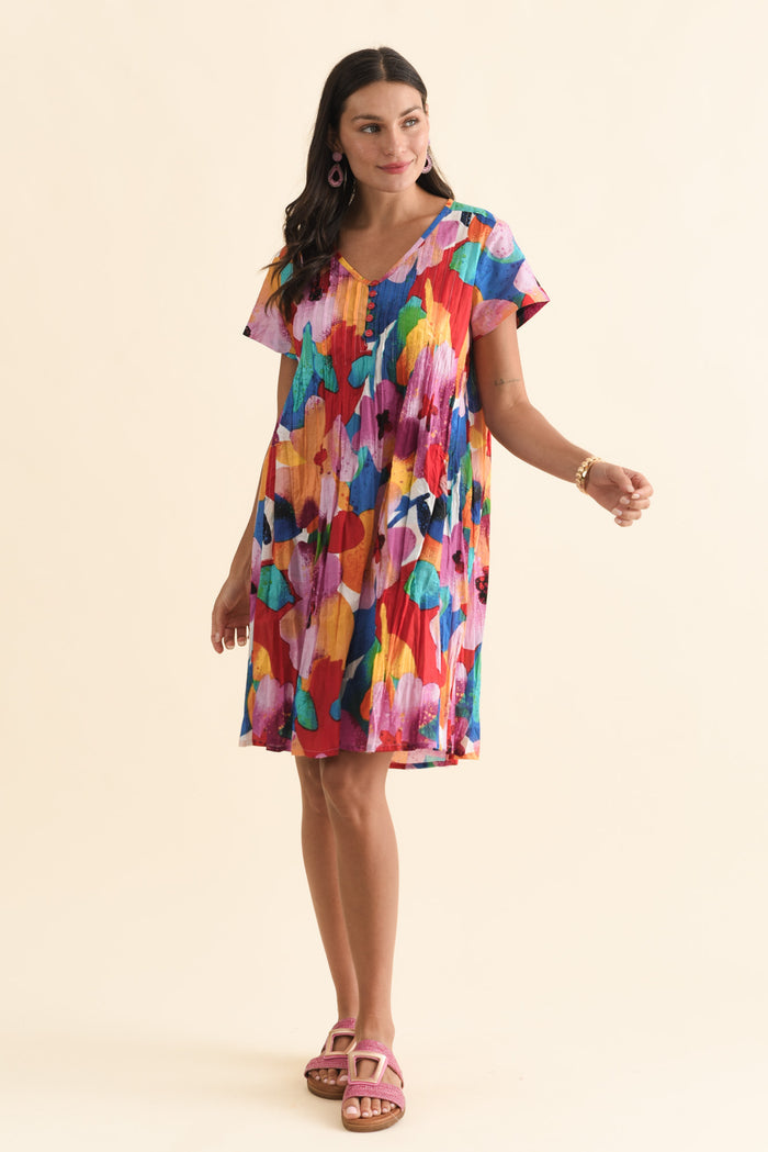 Sabina Pink Bloom Crinkle Cotton Dress,Brunette model,alt text|model:Brontie
