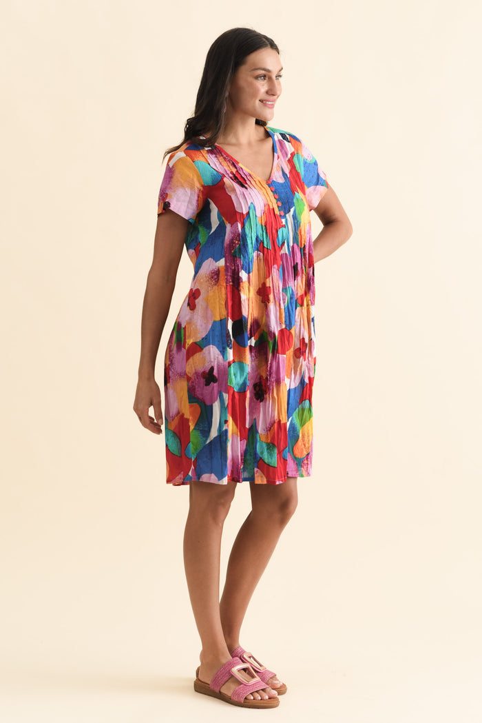 Sabina Pink Bloom Crinkle Cotton Dress,Brunette model,alt text|model:Brontie