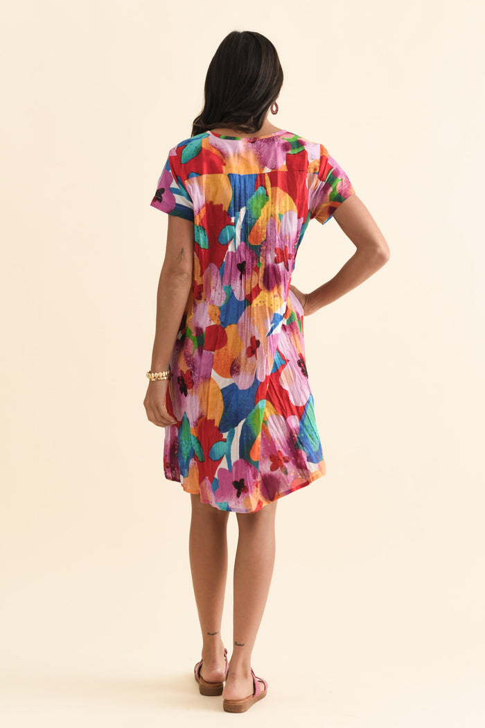 Sabina Pink Bloom Crinkle Cotton Dress,Brunette model,alt text|model:Brontie