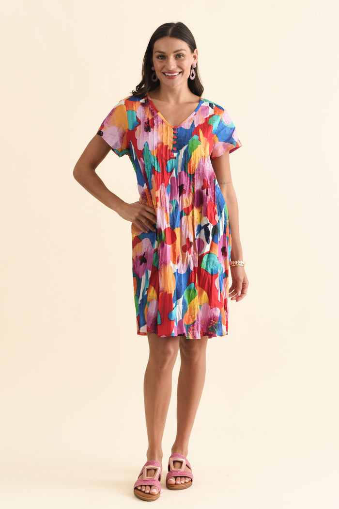 Sabina Pink Bloom Crinkle Cotton Dress,Brunette model,alt text|model:Brontie