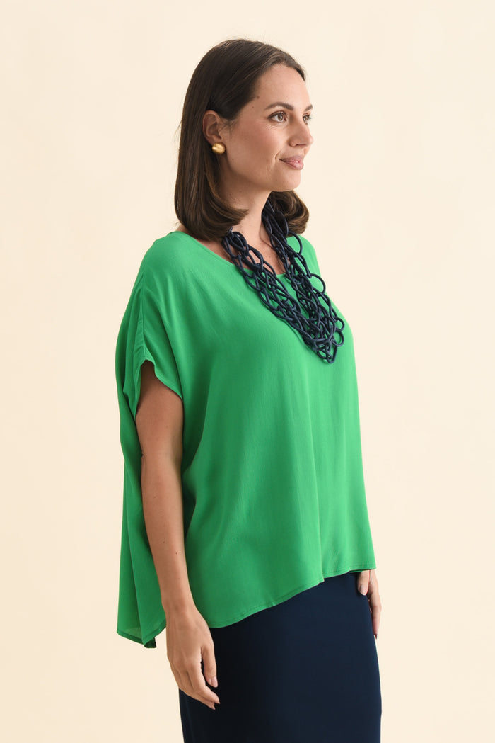 Sali Green Drape Top,Brunette model,alt text|model:MJ