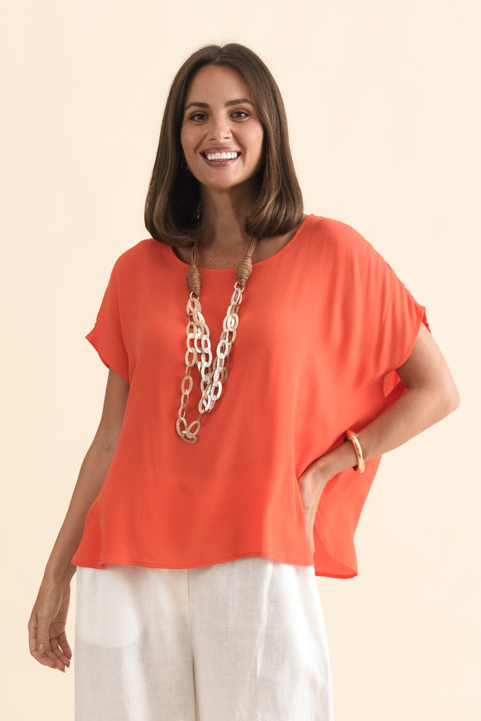 Sali Orange Drape Top,Brunette model,alt text|model:MJ