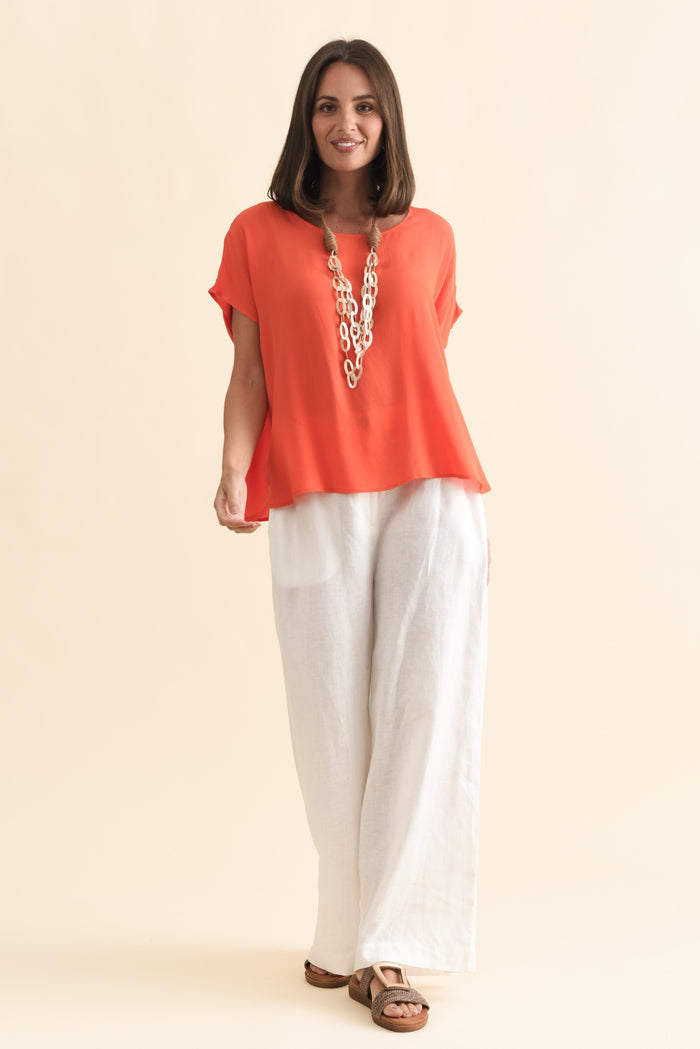 Sali Orange Drape Top,Brunette model,alt text|model:MJ