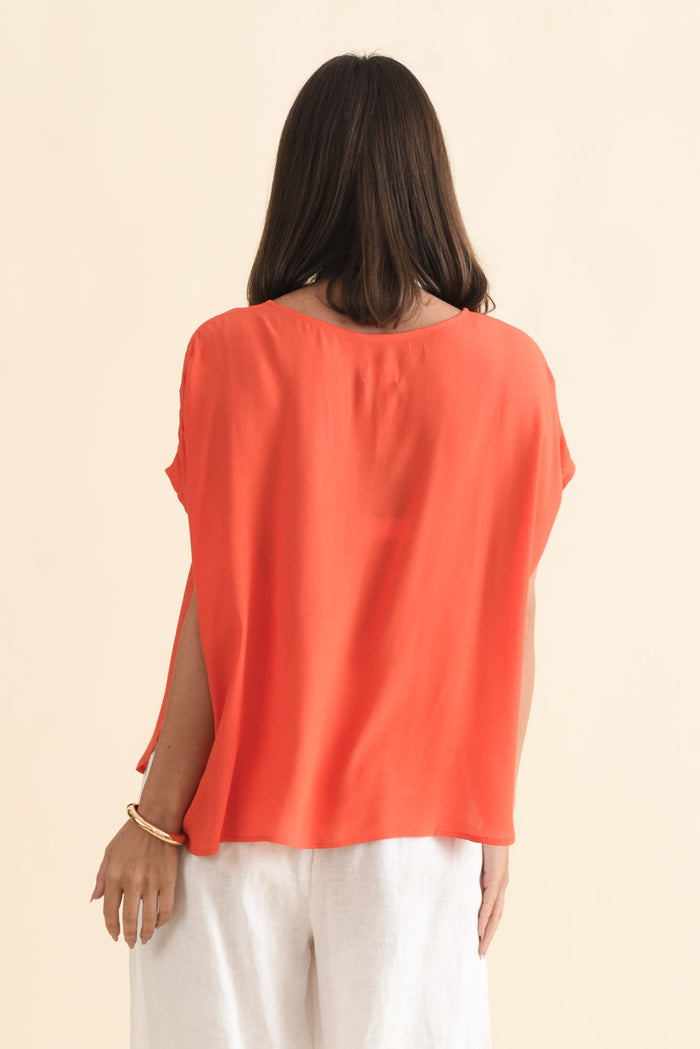 Sali Orange Drape Top,Brunette model,alt text|model:MJ