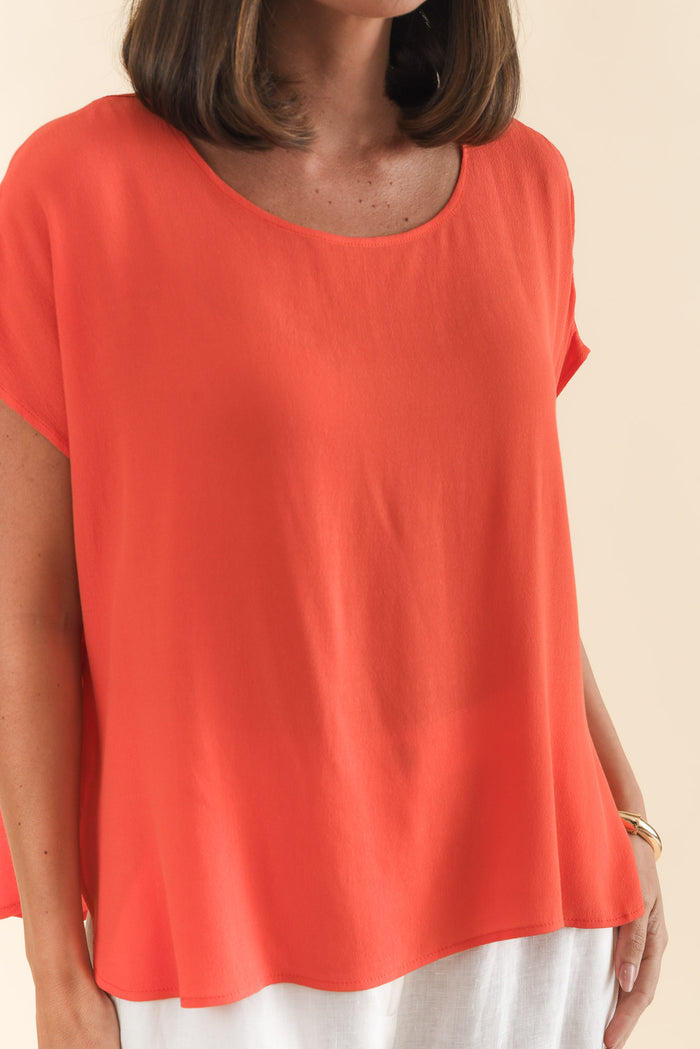 Sali Orange Drape Top,Brunette model,alt text|model:MJ