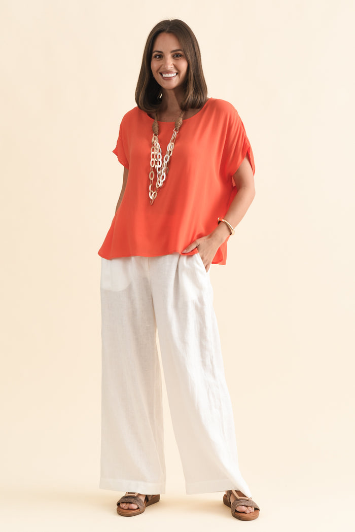 Sali Orange Drape Top,Brunette model,alt text|model:MJ