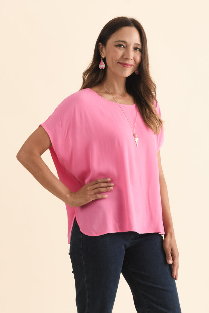 Sali Pink Drape Top,Brunette model,alt text|model:Cara