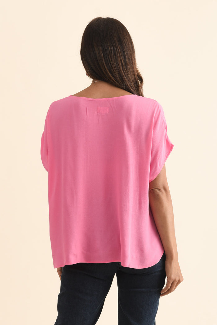 Sali Pink Drape Top,Brunette model,alt text|model:Cara