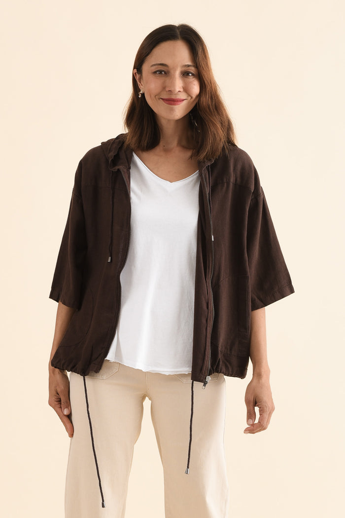 Saltair Chocolate Linen Zip Jacket,Front,Brunette model,alt text|model:Cara
