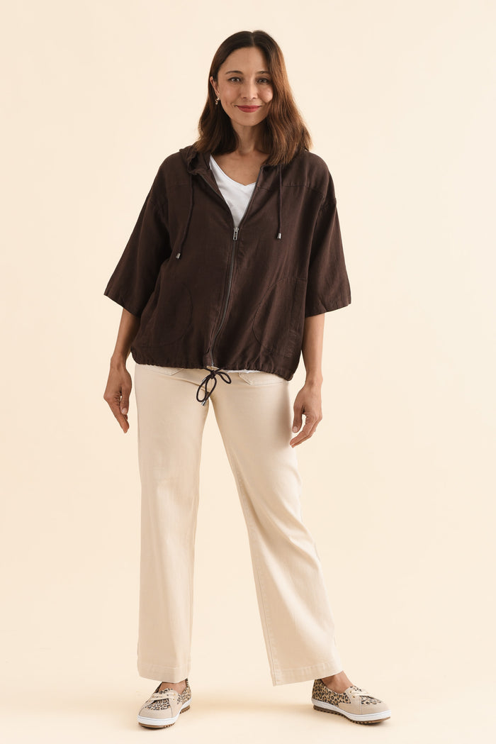Saltair Chocolate Linen Zip Jacket,Full Body,Brunette model,alt text|model:Cara
