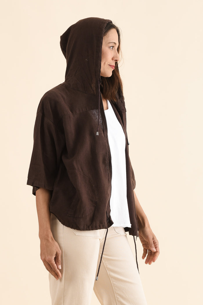 Saltair Chocolate Linen Zip Jacket,Side,Brunette model,alt text|model:Cara