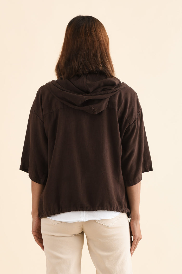 Saltair Chocolate Linen Zip Jacket,Back,Brunette model,alt text|model:Cara