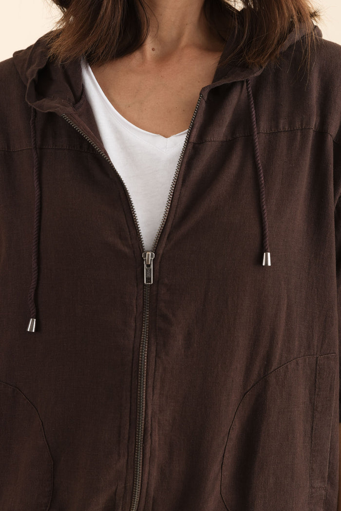 Saltair Chocolate Linen Zip Jacket,Detail,Brunette model,alt text|model:Cara