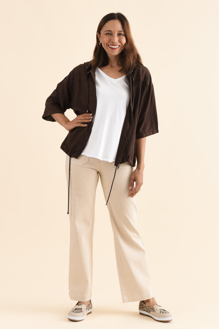 Saltair Chocolate Linen Zip Jacket,Full Body,Brunette model,alt text|model:Cara