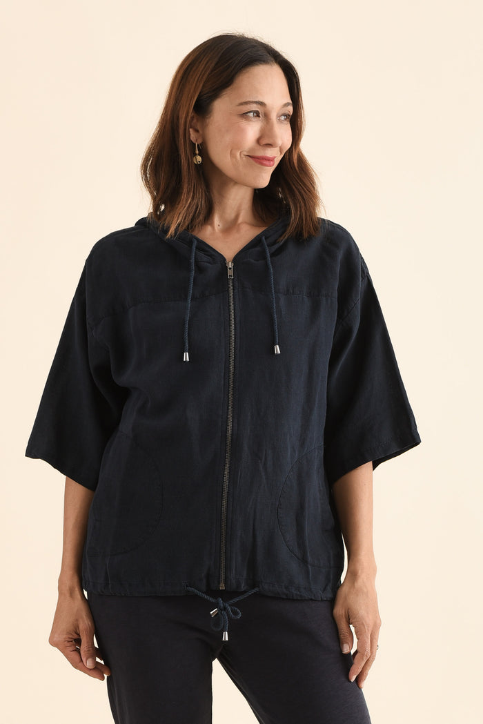 Saltair Navy Linen Zip Jacket,Front,Brunette model,alt text|model:Cara