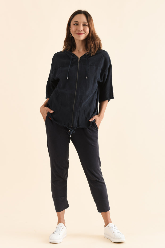 Saltair Navy Linen Zip Jacket,Full Body,Brunette model,alt text|model:Cara