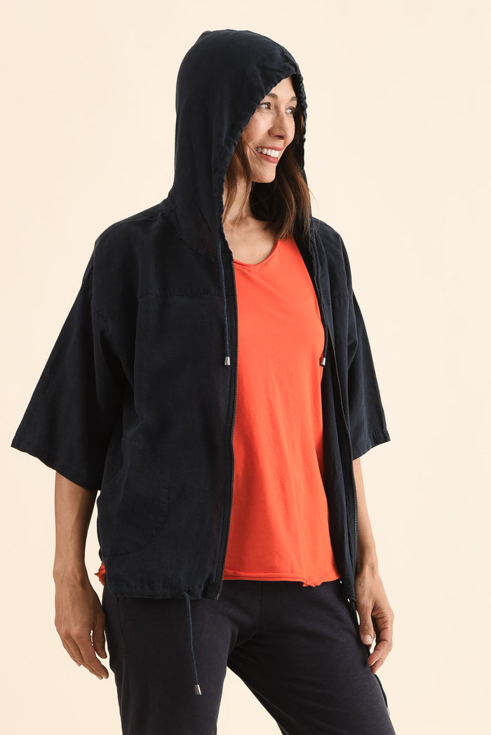 Saltair Navy Linen Zip Jacket,Side,Brunette model,alt text|model:Cara