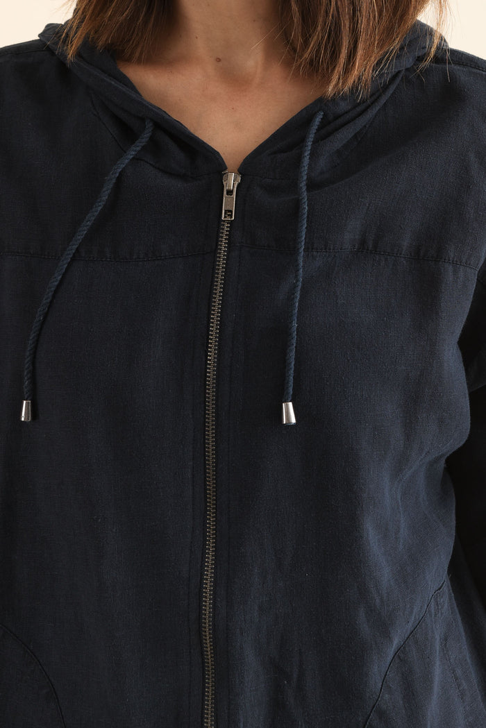 Saltair Navy Linen Zip Jacket,Detail,Brunette model,alt text|model:Cara